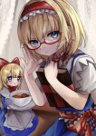  2girls alice_margatroid apron blonde_hair blue_dress blue_eyes book bow closed_mouth commentary_request commission cup dress frilled_hairband frills hair_bow hairband highres holding holding_book holding_cup long_hair looking_at_viewer moni_monico multiple_girls multiple_sources red-framed_eyewear red_bow red_hairband shanghai_doll short_hair short_sleeves skeb_commission touhou white_apron 