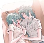  2girls absurdres aqua_eyes aqua_hair arm_around_shoulder arm_grab bang_dream! blush closed_eyes collared_shirt commentary couch couple dress_shirt highres hikawa_hina hikawa_sayo incest long_hair looking_at_another lying multiple_girls on_couch on_side open_mouth shirt short_hair short_sleeves siblings sidelocks twincest twins white_shirt yuri zihacheol 