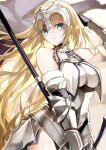  1girl armor armored_dress blonde_hair blue_eyes breast_curtains breasts chain collar commentary dress fate/apocrypha fate/grand_order fate_(series) faulds flag gauntlets headpiece highres jeanne_d&#039;arc_(fate) jeanne_d&#039;arc_(ruler)_(fate) jeanne_d&#039;arc_(third_ascension)_(fate) kino_kokko large_breasts long_hair looking_at_viewer metal_collar plackart polearm smile solo sword very_long_hair weapon white_dress 