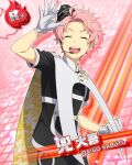  1boy ahoge card_(medium) character_name closed_eyes gloves hat headset idol idolmaster idolmaster_side-m kabuto_daigo male_focus mini_hat official_art open_mouth pink_background short_sleeves solo teeth upper_teeth_only white_gloves 