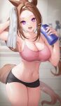  1girl absurdres animal_ears armpits blurry blurry_background bottle breasts bsmage cleavage cowboy fingernails gym_shorts highres holding holding_bottle holding_towel horse_ears horse_girl horse_tail large_breasts long_hair midriff navel open_mouth sakura_bakushin_o_(umamusume) short_shorts shorts solo sports_bra steaming_body stomach sweat tail towel umamusume water_bottle 