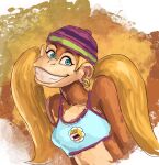  2023 anthro beanie blue_eyes brown_body brown_fur clothed clothing crop_top donkey_kong_(series) ear_piercing ear_ring female fur grin hair haplorhine hat headgear headwear hi_res kong let&#039;s_fucking_go long_hair looking_at_viewer mammal midriff monkey nintendo piercing pigtails primate redustheriotact ring_piercing shirt sketch smile solo tiny_kong topwear 