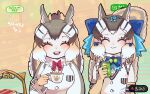  2girls absurdres animal_ears bow bowtie brown_hair chipmunk_ears chipmunk_girl chipmunk_tail extra_ears gloves highres kanmoku-san kemono_friends kemono_friends_3 kemono_friends_v_project microphone multiple_girls ribbon shirt short_hair siberian_chipmunk_(kemono_friends) smile tail tea vest virtual_youtuber 