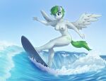  2023 absurd_res anthro areola blue_body blue_eyes blue_fur breasts butt collarbone cutie_mark dandy_(artist) equid equine eyebrows eyelashes fan_character feathered_wings feathers female freckles fur glistening glistening_body glistening_breasts green_hair green_tail hair hasbro hi_res inner_ear_fluff mammal my_little_pony navel nipple_piercing nipples nude outside pegasus piercing sea short_hair smile solo surfboard surfing tail tuft water wet wings 
