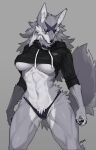  2023 abs anthro black_clothing black_panties black_sclera black_underwear breasts canid canine canis choker clothing cropped_hoodie crotch_tuft female fur grey_body grey_fur head_markings hi_res hip_tuft inner_ear_fluff jewelry looking_at_viewer mammal markings navel necklace panties pgm300 solo tuft under_boob underwear white_body white_fur wolf 