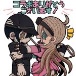  1boy 1girl 7ydstu5vwllypkm black_gloves black_headwear black_jacket black_pants blonde_hair breasts button_eyes closed_mouth cowboy_shot crossover danganronpa_(series) danganronpa_v3:_killing_harmony eye_contact fingerless_gloves from_side garter_straps gloves goggles goggles_on_head hair_between_eyes highres holding_sewing_needle identity_v jacket large_breasts long_hair looking_at_another pants pink_shirt pink_skirt pleated_skirt profile saihara_shuichi shirt simple_background skirt striped striped_jacket striped_pants tongue tongue_out translation_request white_background 