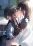  2girls absurdres black_hair blue_eyes blush brown_hair classroom curtains green_eyes hand_on_another&#039;s_head highres imminent_kiss kiss long_hair multiple_girls original school_uniform short_hair touki_matsuri uniform yuri 