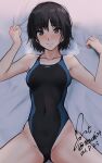  1girl amagami bed_sheet black_eyes black_hair black_one-piece_swimsuit blue_one-piece_swimsuit bob_cut breasts closed_mouth collarbone competition_swimsuit covered_navel dated highleg highleg_swimsuit highres light_smile looking_at_viewer lying medium_breasts nanasaki_ai on_back one-piece_swimsuit sheet_grab short_hair signature solo swimsuit two-tone_swimsuit yoo_tenchi 