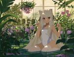  1girl absurdres animal_ear_fluff animal_ears bare_legs blonde_hair cat_ears cat_girl closed_mouth fence flower hair_intakes hanging_plant highres hydrangea indoors kgt_(pixiv12957613) lily_pad long_hair looking_at_viewer one-piece_swimsuit original partially_submerged paw_pose pink_flower plant purple_eyes purple_flower seiza sidelocks sitting smile solo swimsuit vegetation water white_one-piece_swimsuit window 
