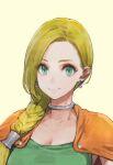  1girl bianca_(dq5) blonde_hair blue_eyes braid cape commentary dragon_quest dragon_quest_v dress earrings eyelashes eyes_visible_through_hair green_dress hair_behind_ear hair_over_shoulder jewelry jun_(seojh1029) light_blush long_hair looking_at_viewer neck_ring orange_cape parted_lips simple_background single_braid sleeveless sleeveless_dress smile solo swept_bangs upper_body yellow_background 