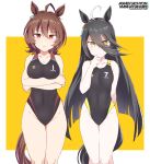  2girls agnes_tachyon_(umamusume) ahoge animal_ears black_hair black_one-piece_swimsuit breasts brown_hair character_name closed_mouth commentary_request competition_swimsuit cowboy_shot crossed_arms earrings hair_between_eyes horse_ears horse_girl horse_tail jewelry large_breasts long_hair looking_at_viewer manhattan_cafe_(umamusume) multicolored_hair multiple_girls one-piece_swimsuit parted_lips red_eyes shigino_sohuzi short_hair single_earring small_breasts streaked_hair swimsuit tail umamusume very_long_hair yellow_eyes 
