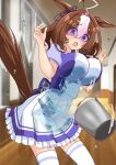  1girl ahoge animal_ears arms_at_sides blurry blurry_background bouncing_breasts breasts brown_hair bucket hair_between_eyes hair_ornament headband horse_ears horse_girl horse_tail large_breasts looking_at_viewer meisho_doto_(umamusume) open_mouth purple_eyes shachikunoosamu shaded_face solo surprised tail thighhighs umamusume wet wet_clothes 