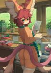  4_fingers anthro apron arcadius0505 blue_eyes butt chopsticks clothing eyebrows felid fingers food fruit fur hair hi_res holding_object inner_ear_fluff knife mammal orange_butt orange_tail pink_tentacles plant red_eyebrows red_hair tail tail_aside tentacles tomato tuft 