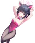  1girl animal_ears armpits black_hair black_pantyhose blue_archive bow bowtie cat_ears colored_inner_hair coma_(light825) covered_navel detached_collar feet_out_of_frame halo highres kazusa_(blue_archive) kittysuit leotard multicolored_hair nontraditional_playboy_bunny pantyhose pink_hair rabbit_pose red_bow red_bowtie red_eyes red_leotard short_hair simple_background solo strapless strapless_leotard two-tone_hair white_background 