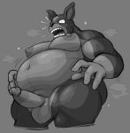  4_fingers anthro balls belly biceps big_balls big_belly big_butt big_nipples big_penis black_and_white black_body bodily_fluids butt canid canine canis digital_media_(artwork) domestic_dog erection fingers genitals grey_background hair hi_res humanoid_genitalia humanoid_hands humanoid_penis iggy_(jjba) jojo&#039;s_bizarre_adventure locitony looking_at_viewer male mammal monochrome moobs motion_lines muscular navel nipples nude open_mouth overweight overweight_anthro overweight_male penis simple_background solo solo_focus surprise sweat teeth thick_thighs v-cut 