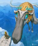  1boy archaic_set_(zelda) blue_sclera claws cloud colored_sclera dragon dragon_horns floating_island flying green_eyes highres horns let_me_do_it_for_you_(meme) light_dragon_(zelda) link long_nose looking_at_another meme midair mountainous_horizon simon_stafsnes_andersen the_legend_of_zelda the_legend_of_zelda:_tears_of_the_kingdom 