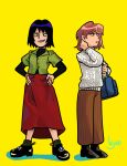 2girls bag black_eyes black_footwear black_hair brown_hair brown_pants commentary emi_(mob_psycho_100) english_commentary full_body green_shirt hands_on_own_hips highres kurata_tome kyokyeo long_skirt long_sleeves mob_psycho_100 multiple_girls open_mouth pants red_skirt shirt shoes short_hair simple_background skirt smile standing sweater white_sweater yellow_background 