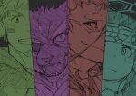  4boys :d absurdres animal_ears bara blush_stickers character_name color_coordination cow_boy cow_ears dragon_boy facial_hair forked_eyebrows furry furry_male fuxi_(housamo) goatee grin haishiba_ame halo highres hood hoodie jaguar_boy looking_at_viewer loose_hair_strand male_focus multiple_boys multiple_monochrome short_hair sideways_glance smile smirk spiked_hair split_theme tezcatlipoca_(housamo) thick_eyebrows tokyo_afterschool_summoners wakan_tanka wide-eyed 