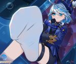  1girl ahoge artist_logo ascot black_gloves blue_ascot blue_eyes blue_gemstone blue_hair blue_headwear blue_jacket blue_shorts closed_mouth commentary crossed_legs dutch_angle english_commentary eyelashes feet foot_focus foot_out_of_frame foreshortening furina_(genshin_impact) gem genshin_impact gloves hair_between_eyes hand_up hat heterochromia indoors jacket light_blue_hair long_sleeves looking_at_viewer medium_hair mohoshadream multicolored_hair no_shoes open_clothes open_jacket shadow short_shorts shorts sitting socks soles solo spread_toes streaked_hair swept_bangs thigh_strap toes top_hat white_socks 