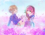  2girls :d angel_beats! black_hairband black_jacket black_thighhighs blue_sailor_collar blue_skirt blunt_bangs bow brown_hair brown_skirt closed_mouth commentary_request cosmos_(flower) eyelashes eyes_visible_through_hair facing_another falling_petals flower green_bow green_eyes hair_between_eyes hair_bow hair_ornament hairband hairclip hand_on_own_cheek hand_on_own_face hand_up heaven_burns_red highres jacket kayamori_ruka key_(company) kneeling knees_together_feet_apart kusarukusa light_blue_background light_blush long_sleeves looking_at_another medium_hair miniskirt multiple_girls nakamura_yuri neckerchief open_mouth petals pink_flower pink_neckerchief plaid plaid_skirt pleated_skirt sailor_collar shirt short_hair simple_background sitting skirt smile thighhighs twitter_username white_shirt zettai_ryouiki 