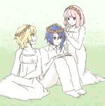  1boy 2girls alcryst_(fire_emblem) alternate_costume asymmetrical_hair barefoot blue_hair citrinne_(fire_emblem) closed_mouth dolly_deer dress earrings fire_emblem fire_emblem_engage flower head_wreath jewelry lapis_(fire_emblem) light_smile looking_at_another multiple_girls on_grass pink_hair shirt sitting white_dress 