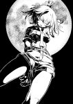  1girl arm_behind_back arm_behind_head arm_up belt bird_tail breast_pocket breasts collared_shirt eyelashes from_below fukushima_masayasu full_moon greyscale hair_between_eyes head_tilt high_contrast highres impossible_clothes impossible_shirt kemono_friends long_hair looking_at_viewer medium_breasts monochrome moon necktie open_mouth outline pocket shirt shirt_tucked_in shoebill_(kemono_friends) short_sleeves shorts side_ponytail solo tail wing_collar 