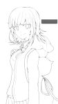  1girl animal_bag backpack bag breasts cat_bag closed_mouth collared_shirt cowboy_shot danganronpa_(series) danganronpa_2:_goodbye_despair from_side greyscale hand_up highres hood hood_down hooded_jacket jacket large_breasts long_sleeves medium_hair monochrome nanami_chiaki neck_ribbon no_hair_ornament pleated_skirt ra_no_tsuku ribbon shirt shirt_tucked_in skirt smile solo 