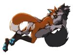  2023 absurd_res anthro butt canid canine canis claws cuddling digital_media_(artwork) digitigrade duo embrace eyes_closed feet fluffy fluffy_tail fox happy hi_res hug kogi looking_at_another lying lying_on_another male mammal narrowed_eyes nude on_back on_front pawpads paws raised_tail romantic romantic_couple simple_background smile tail toe_claws watermark wolf 