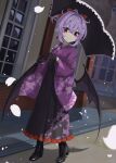  1girl akisome_hatsuka alternate_costume bat_wings black_footwear black_umbrella closed_mouth commentary_request full_body holding holding_umbrella japanese_clothes kimono outdoors purple_hair purple_kimono red_eyes remilia_scarlet short_hair smile solo touhou umbrella wings 