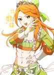  1girl abs bow etie_(fire_emblem) fire_emblem fire_emblem_engage green_bow green_eyes highres midriff navel open_mouth orange_hair parted_bangs rororotsu solo swept_bangs tiara 