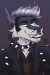  acidwuff anthro bust_portrait canid cheek_tuft chin_tuft clothed clothing collar ear_piercing ear_ring eyebrow_piercing facial_piercing facial_tuft fur gauged_ear grey_body grey_fur grey_hair grin hair hi_res jacket male mammal multiple_piercings narrowed_eyes neck_tuft nose_piercing piercing portrait ring_piercing septum_piercing short_hair simple_background smile solo spiked_collar spikes topwear tuft white_body white_fur 