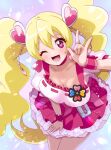  1girl ;d \m/ absurdres asymmetrical_docking blonde_hair blue_background blush bow breast_press breasts brooch choker cleavage collarbone cowboy_shot cure_peach don_(748826) earrings fresh_precure! frilled_skirt frills hair_between_eyes hair_ornament hand_on_own_leg heart heart_earrings heart_hair_ornament highres jewelry leaning_forward legs_together light_particles long_hair looking_at_viewer magical_girl medium_breasts momozono_love one_eye_closed pink_bow pink_choker pink_eyes pink_skirt precure puffy_short_sleeves puffy_sleeves short_sleeves simple_background skirt smile solo standing twintails wrist_cuffs 