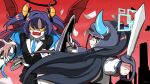  2girls absurdly_long_hair alternate_costume alternate_species aris_(blue_archive) armor battle belt_pouch black_hair black_jacket black_skirt blazer blue_archive blue_eyes blue_necktie coat collared_shirt commentary demon_girl demon_horns demon_wings dragon_quest dual_wielding english_commentary fake_horns hair_between_eyes halo helmet highres holding holding_shield holding_sword holding_weapon horned_helmet horns id_card jacket long_bangs long_hair long_sleeves looking_at_another multiple_girls necktie one_side_up open_clothes open_coat p-kass parody pleated_skirt pouch purple_hair red_background school_uniform shield shirt shoulder_armor sidelocks simple_background skirt sword triangle_hair_ornament two_side_up v-shaped_eyebrows very_long_hair weapon white_coat white_shirt wings yuuka_(blue_archive) 