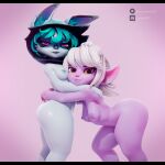  3d_(artwork) absurd_res anthro ass_up breasts butt digital_media_(artwork) duo embrace female female/female green_body green_hair hair hi_res hug league_of_legends long_ears nipples purple_body purple_eyes riot_games short_stack teemoty tristana_(lol) vex_(lol) white_hair yordle 