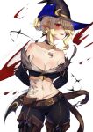  1girl arms_behind_back belt belt_buckle blonde_hair breasts brown_belt buckle cleavage hair_bun hair_over_one_eye hat highres large_breasts looking_at_viewer navel nithros open_mouth original pants pointy_ears red_eyes simple_background single_hair_bun smile solo standing torn_clothes white_background 