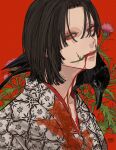  1boy animal_on_shoulder bird bird_on_shoulder bishounen blood blood_from_mouth blood_on_clothes brown_eyes brown_hair closed_mouth crow flame_print flower from_side highres japanese_clothes kagoya1219 kimono long_bangs looking_at_viewer looking_to_the_side male_focus mouth_hold original pink_flower portrait red_background short_hair signature simple_background solo thistle white_kimono 