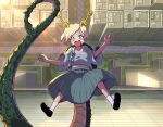  1girl antlers black_footwear blonde_hair blue_shirt building crying crying_with_eyes_open dragon_girl dragon_tail falling fatal_fury horns kicchou_yachie mary_janes midriff_peek navel open_mouth outdoors shirt shoe_soles shoes short_hair socks syope tail tears touhou turtle_shell white_socks yellow_eyes 