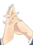  2girls ayase_eli blue_nails close-up commentary_request hand_focus highres holding_hands kashikaze long_sleeves love_live! love_live!_school_idol_project multiple_girls nail_polish pink_nails simple_background toujou_nozomi white_background yuri 