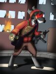  anthro city clothing fire gas_mask gun hi_res hoodie male mask mikey6193 mikey_(mikey6193) molotov_cocktail mp5 plate_carrier ranged_weapon solo topwear weapon 