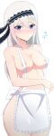  1girl absurdres apron areola_slip bare_shoulders black_headband blue_eyes blush breasts commentary covered_nipples english_commentary grey_hair hair_ornament headband highres kaguya-sama_wa_kokurasetai_~tensai-tachi_no_renai_zunousen~ large_breasts long_hair looking_at_viewer naked_apron nipples paid_reward_available roswell_ss shirogane_kei sideboob simple_background solo waist_apron white_apron white_background 