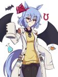  1girl agnes_tachyon_(umamusume) agnes_tachyon_(umamusume)_(cosplay) aohadapeach bat_(animal) bat_wings black_pantyhose blue_hair closed_mouth commentary cosplay cowboy_shot cup english_commentary flask hair_ribbon highres horse_girl horseshoe lab_coat looking_at_viewer pantyhose red_eyes red_ribbon remilia_scarlet ribbon short_hair simple_background solo standing sweater teacup touhou uesaka_sumire umamusume voice_actor_connection white_background wings yellow_sweater 