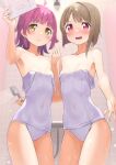  2girls absurdres apollo_(hu_maple) blush brown_hair covered_navel highres love_live! love_live!_nijigasaki_high_school_idol_club multiple_girls nakasu_kasumi old_school_swimsuit one-piece_swimsuit open_mouth pink_hair red_eyes school_swimsuit short_hair shower_(place) shower_head swimsuit tennouji_rina wet wet_clothes wet_swimsuit white_one-piece_swimsuit yellow_eyes 
