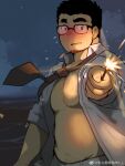  1boy abs bara beard_stubble belly black_hair blush chest_hair collared_shirt cowboy_shot firecrackers flying_sweatdrops furrowed_brow glasses goatee_stubble hand_up highres large_pectorals looking_to_the_side loose_necktie love_handles male_focus necktie night night_sky nipples open_clothes open_shirt original pectorals plump r.l_(2089184064) salaryman shirt short_hair sideburns sky solo sparse_navel_hair square_face stomach thick_eyebrows thick_thighs thighs wind 