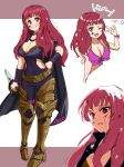  1girl :d armor belt bikini blood blood_on_face bodysuit breasts cape cleavage cleavage_cutout closed_mouth clothing_cutout ereka fire_emblem fire_emblem_engage full_body hair_ornament highres holding holding_knife holding_weapon knife large_breasts long_hair red_eyes red_hair smile solo_focus star_(symbol) star_hair_ornament swimsuit v weapon yunaka_(fire_emblem) 
