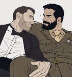  2boys ? alex_mason bara beard_stubble black_bow black_bowtie blue_eyes bonjourdraws bow bowtie brown_jacket call_of_duty call_of_duty:_black_ops eye_contact feet_out_of_frame frank_woods hand_on_another&#039;s_leg highres jacket leg_up looking_at_another looking_to_the_side male_focus mature_male military_uniform multiple_boys mustache_stubble necktie old old_man seductive_smile shirt short_hair side-by-side smile suit thick_eyebrows thick_mustache uniform wrinkled_skin yaoi 