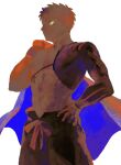  1boy 64kawa4 abs bare_pectorals cowboy_shot emiya_shirou fate/grand_order fate_(series) glowing glowing_eyes highres holding igote japanese_clothes light_smile looking_at_viewer male_focus orange_hair pectorals red_hair senji_muramasa_(fate) short_hair simple_background stomach toned toned_male yellow_eyes 