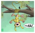 &lt;3 2023 absurd_res balls branch colored digital_media_(artwork) extended_arms fist foreskin garo_(artist) genitals half-erect hanging_from_branch heart_tail hi_res humanoid_genitalia leaf long_ears long_tail looking_at_viewer male marsupilami marsupilami_(character) marsupilami_(series) paws penis plant shaded solo speech_bubble spread_legs spreading tail tongue tongue_out toony tree upside_down yellow_body 