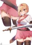  1girl blonde_hair blush boots breasts cleavage close-up djeeta_(granblue_fantasy) dress gauntlets granblue_fantasy hair_between_eyes hairband head_tilt holding holding_sword holding_weapon looking_at_viewer medium_breasts medium_hair multiple_views omuretsu pleated_dress red_hairband skindentation sword thigh_boots thighs upskirt weapon yellow_eyes 
