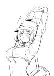  1girl absurdres arms_up bag blue_archive blush breasts bucket_hat cleavage closed_mouth greyscale halo hat highres large_breasts midriff monochrome putama saki_(blue_archive) saki_(swimsuit)_(blue_archive) short_hair simple_background solo stretching underboob upper_body 