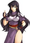  1girl absurdres armor ayra_(fire_emblem) black_gloves black_hair breastplate breasts dress earrings english_commentary fingerless_gloves fire_emblem fire_emblem:_genealogy_of_the_holy_war gloves highres jewelry long_hair looking_at_viewer purple_eyes short_sleeves shoulder_armor side_slit simple_background smile solo thumbs_up tridisart very_long_hair weapon white_background 